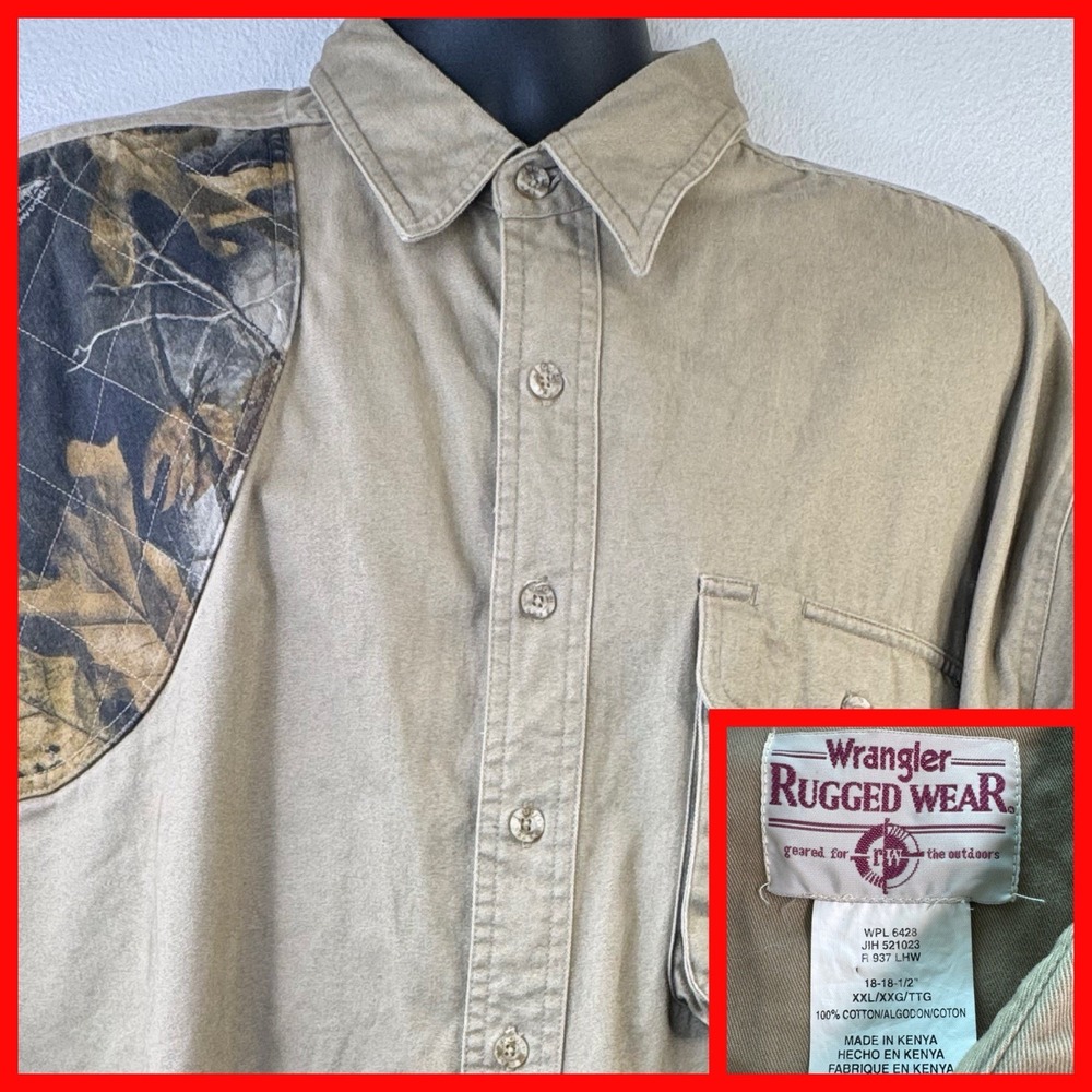 Wrangler Rugged Wear Button Up Shirt Mens 3X Tan Camo Sleeve Accent Long‎ Sleeve